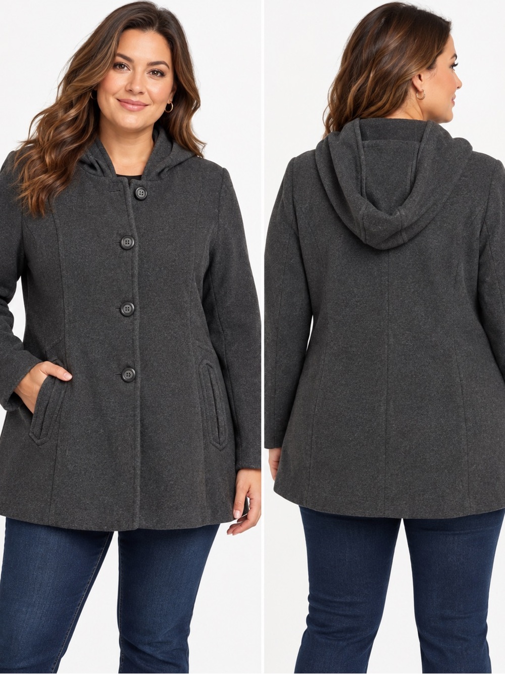 Anne Klein 80% wool Dark Charcoal Hooded Button Pea Coat 1X